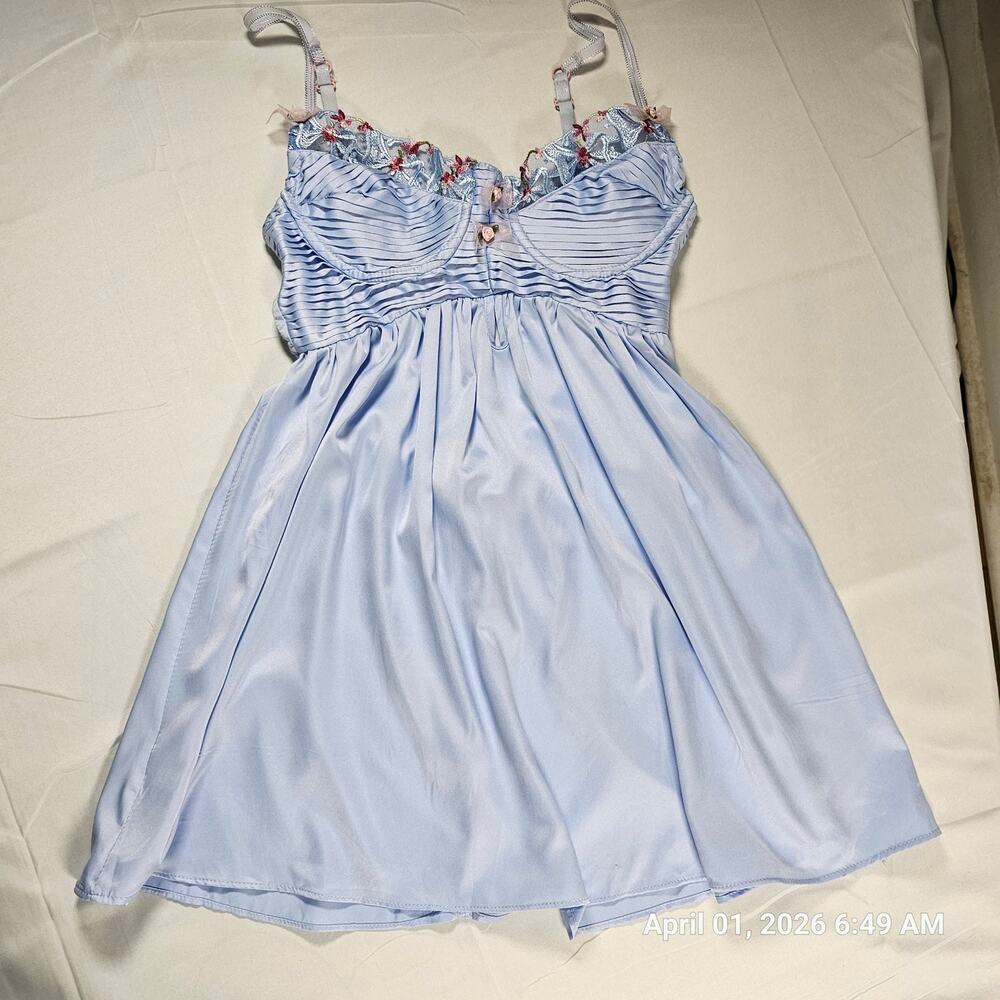 Strangers & Lovers Blue Satin Babydoll Dress Small Lace Underwire Coquette Y2K